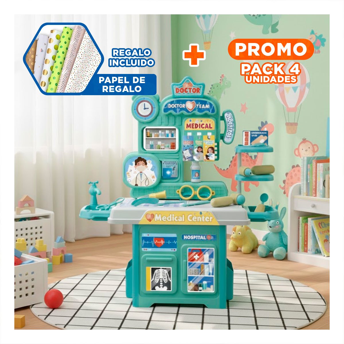 PACK4 ZONA HOSPITALARIA DE JUGUETE CON ACCESORIOS CLINICOS PARA APRENDIZAJE YPAPEL REGALO - 1