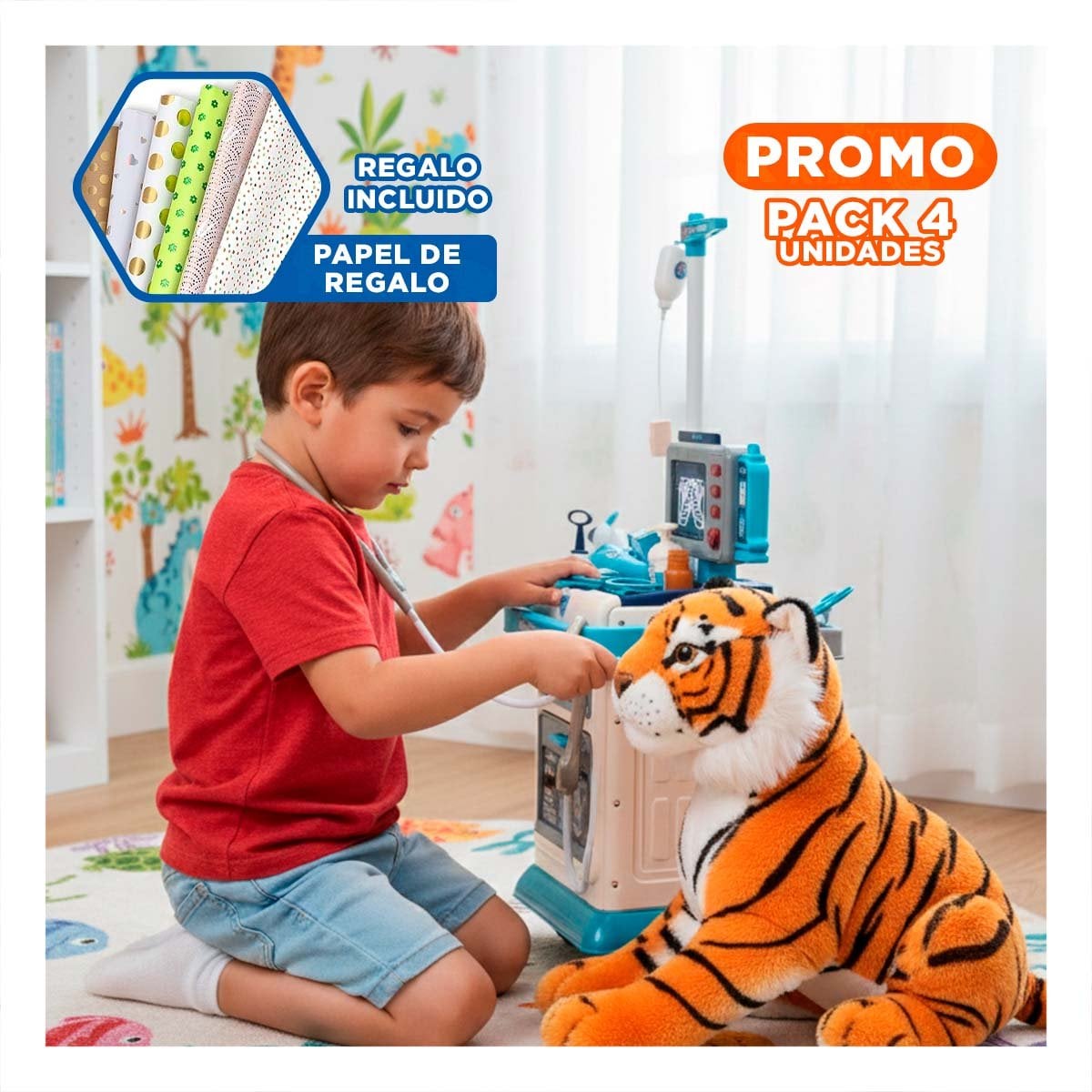 PACK4 CENTRO DE SALUD DE JUGUETE CON CARRO MEDICO Y ACCESORIOS PARA JUEGO YPAPEL REGALO - 1