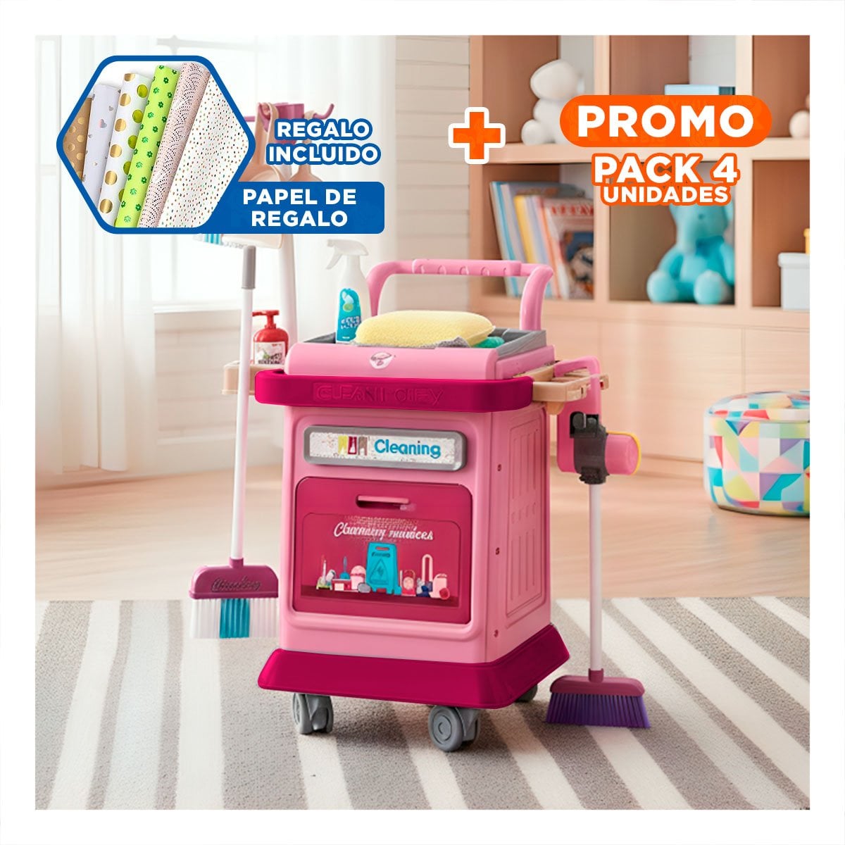 PACK4 ALTERNATIVA DE LIMPIEZA ROSADO CON CARRO Y ACCESORIOS DOMESTICOS YPAPEL REGALO - 1