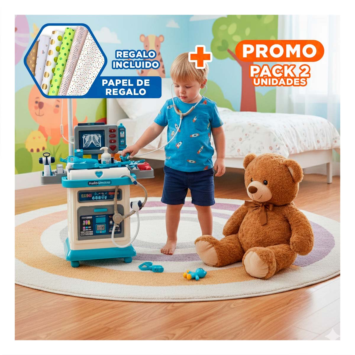 PACK2 ESTACION MEDICA MOVIL CON CARRO Y ACCESORIOS CLINICOS PARA JUEGO YPAPEL REGALO - 1