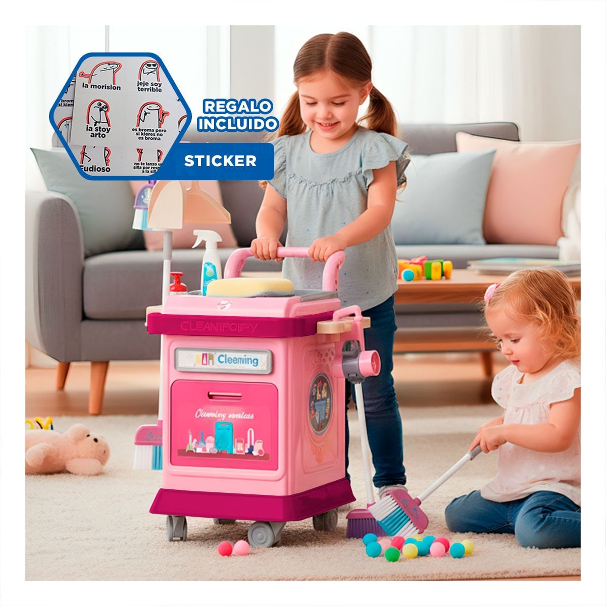 ESPACIO DE LIMPIEZA ROSADO CON CARRO Y ACCESORIOS PARA EL HOGAR YREGALO STICKER - 1