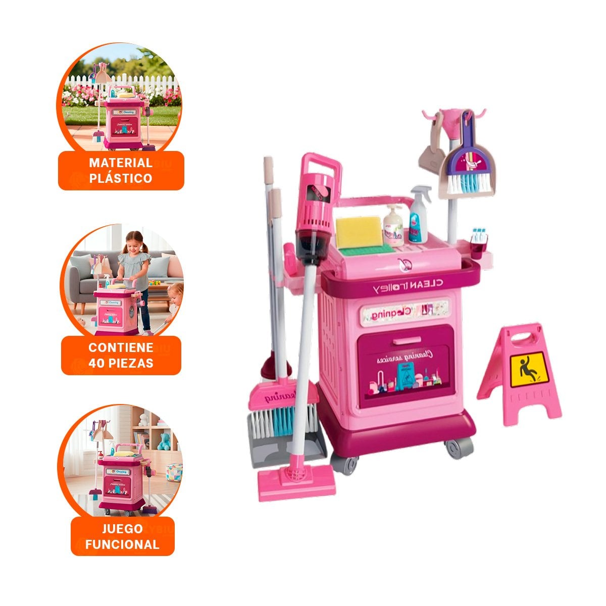 ZONA DE LIMPIEZA ROSADO CON CARRO Y ACCESORIOS DOMESTICOS - 3