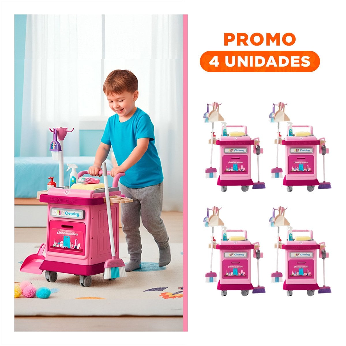 PACK4 OPCION DE LIMPIEZA ROSADO CON CARRO Y ACCESORIOS PARA CASA YREGALO STICKER - 1