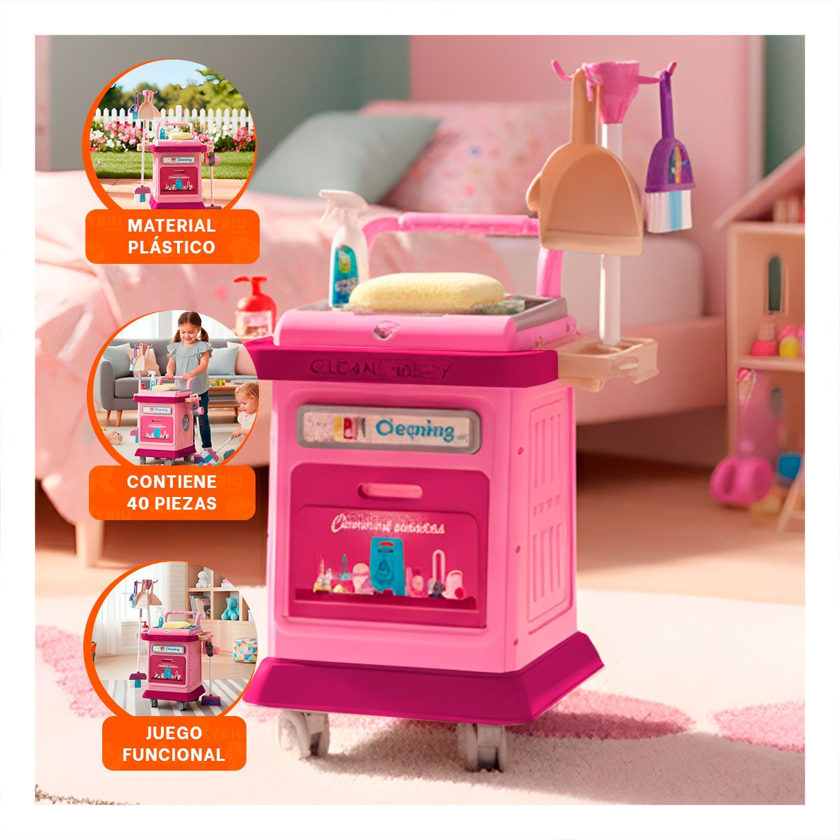 AREA DE LIMPIEZA ROSADO TIPO CARRO CON ACCESORIOS DE JUEGO YPAPEL REGALO - 5