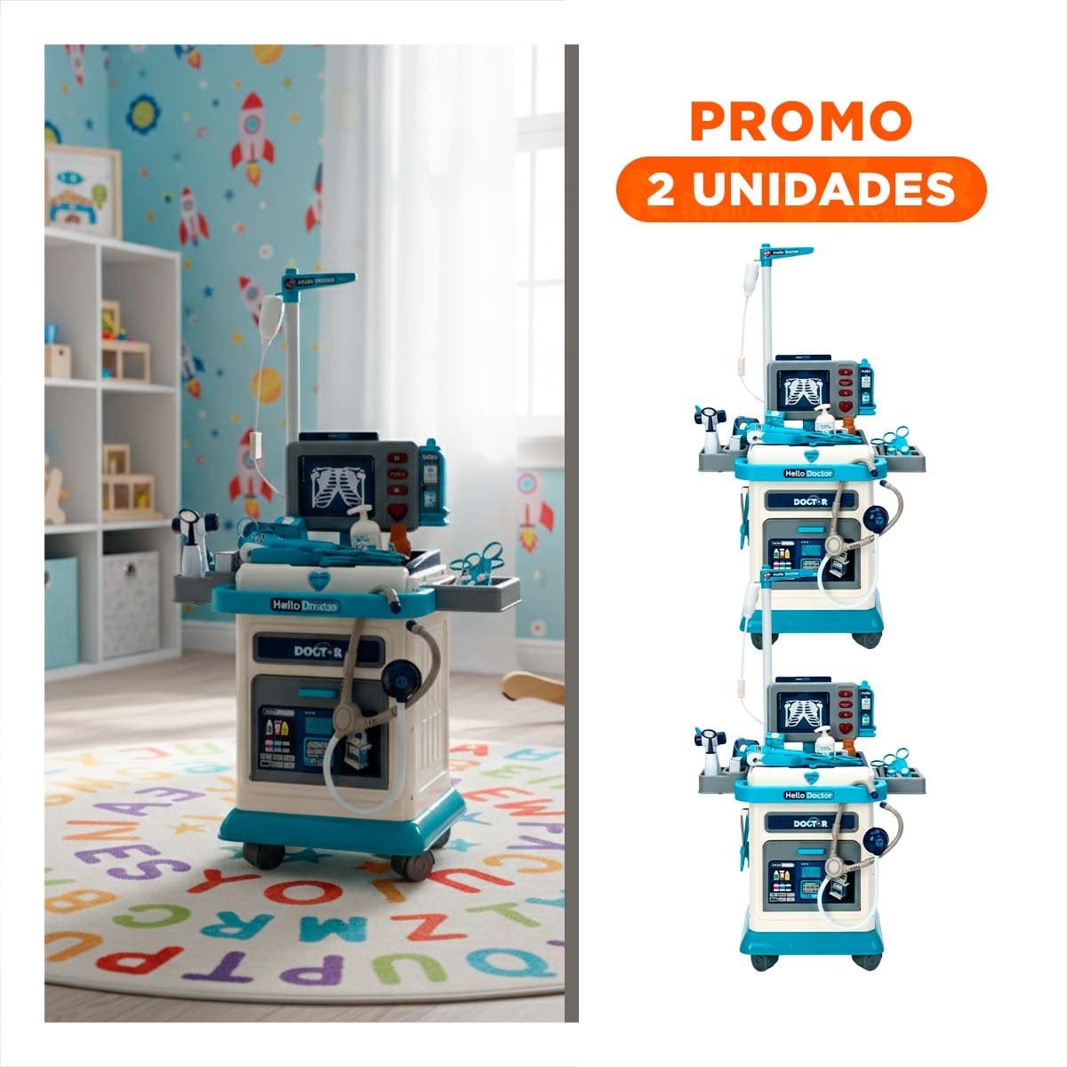 PACK2 ZONA MEDICA DE JUGUETE CON CARRO CLINICO Y ACCESORIOS PARA HOGAR - 1