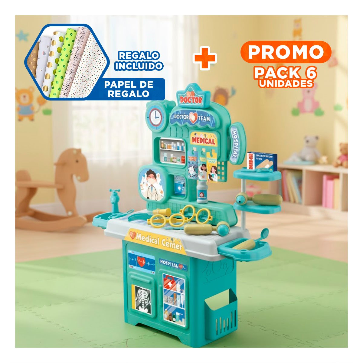 PACK6 AMBIENTE HOSPITALARIO INTERACTIVO CON ACCESORIOS DE DOCTOR PARA DIVERSION YPAPEL REGALO - 1