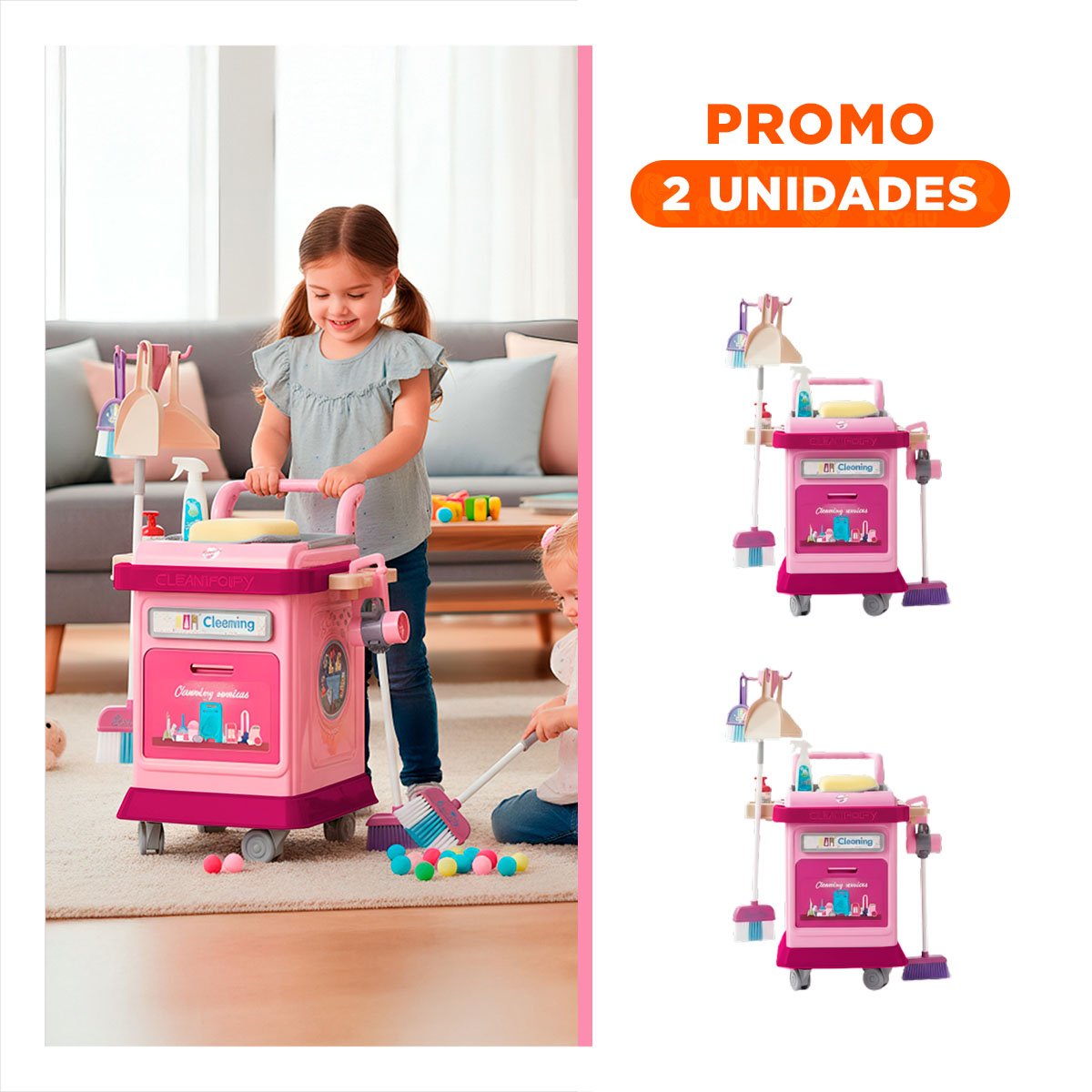 PACK2 MODELO DE LIMPIEZA ROSADO TIPO CARRO CON ACCESORIOS DE JUEGO - 1