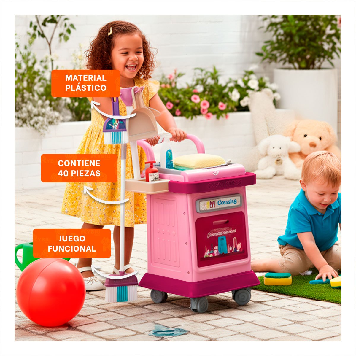 PACK2 MODELO DE LIMPIEZA ROSADO TIPO CARRO CON ACCESORIOS DE JUEGO - 5