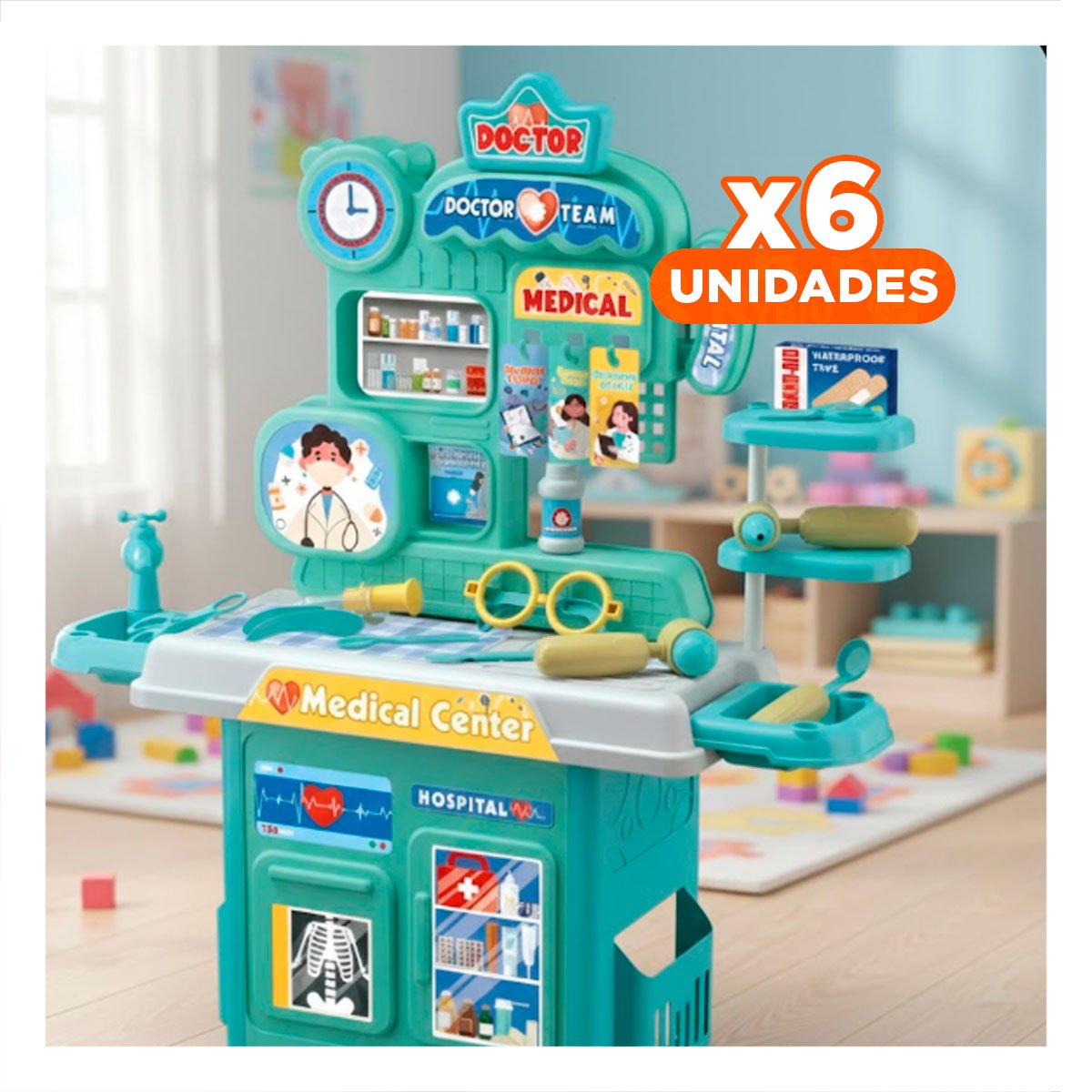PACK6 MODULO HOSPITALARIO DE JUGUETE CON ACCESORIOS CLINICOS PARA JUEGO YREGALO STICKER - 1
