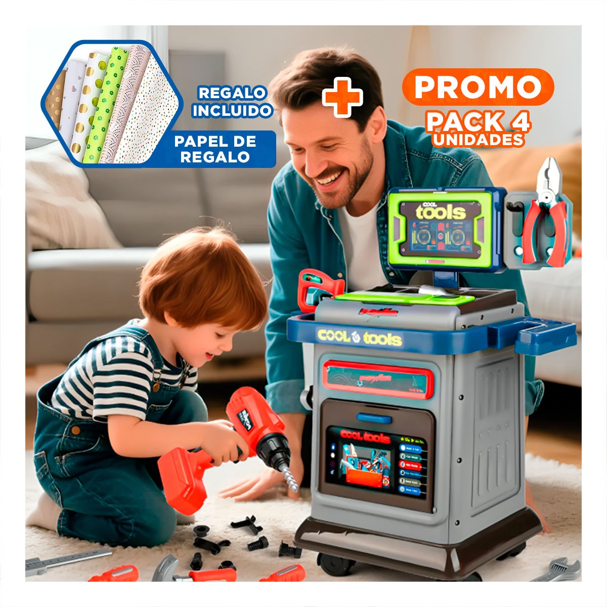 PACK4 KIT DE HERRAMIENTAS RECREATIVO CON ACCESORIOS PARA JUEGO DOMESTICO YPAPEL REGALO - 1