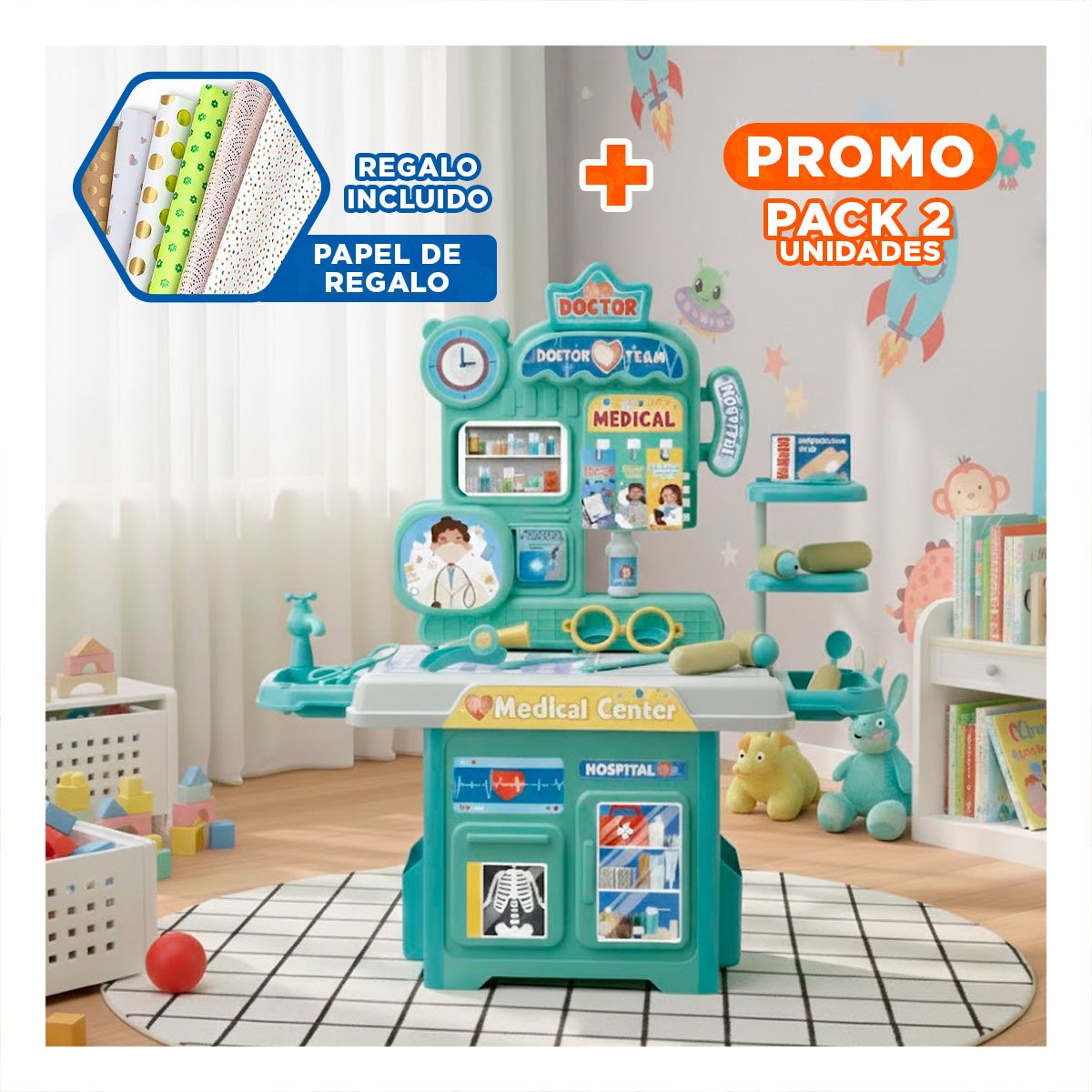 PACK2 SALA CLINICA DE JUEGO CON ACCESORIOS MEDICOS PARA DIVERSION EDUCATIVA YPAPEL REGALO - 1