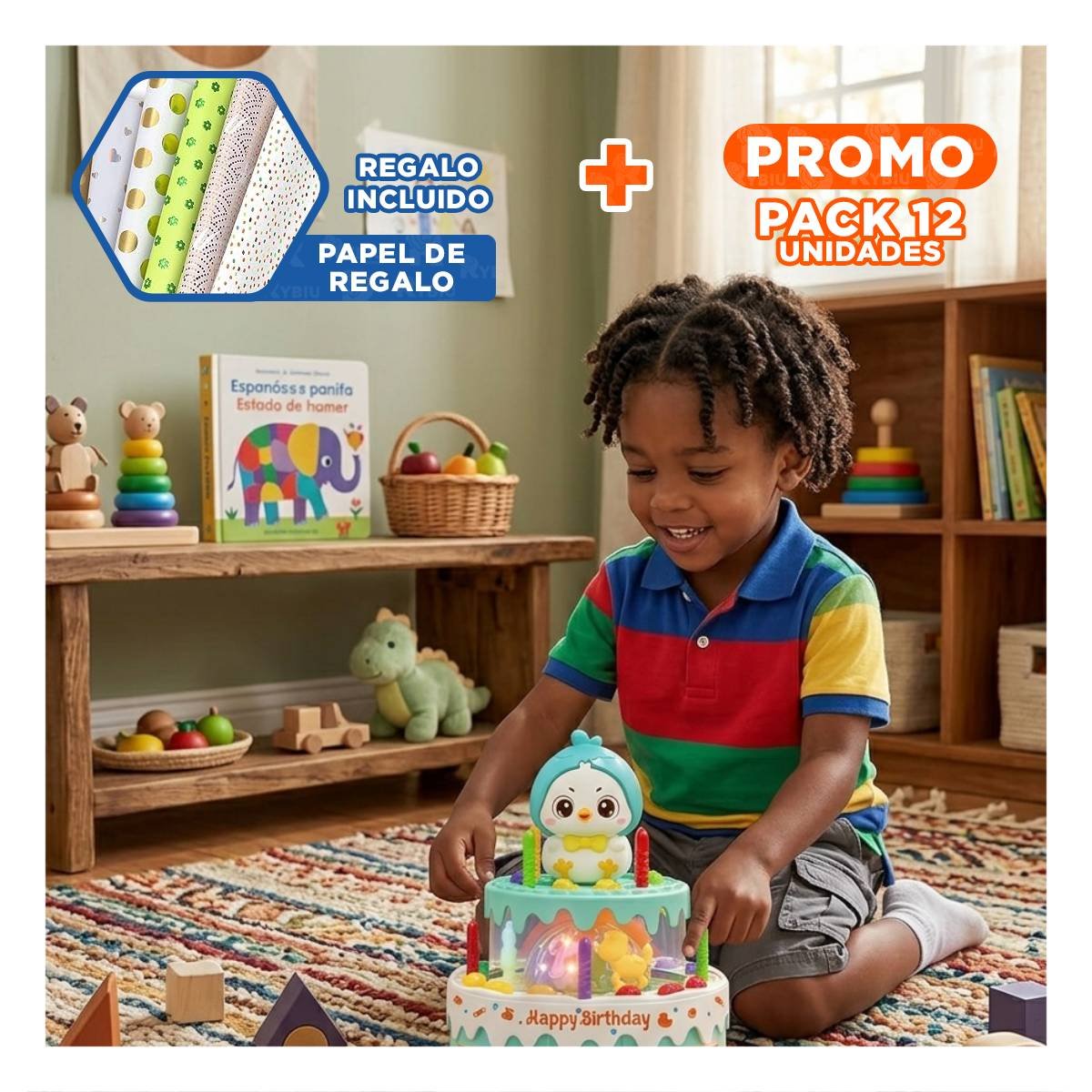PACK12 FIGURA COLOR VERDE AGUA MUSICAL GIRATORIA DE POLLO PARA JUEGO INFANTIL YPAPEL REGALO - 1