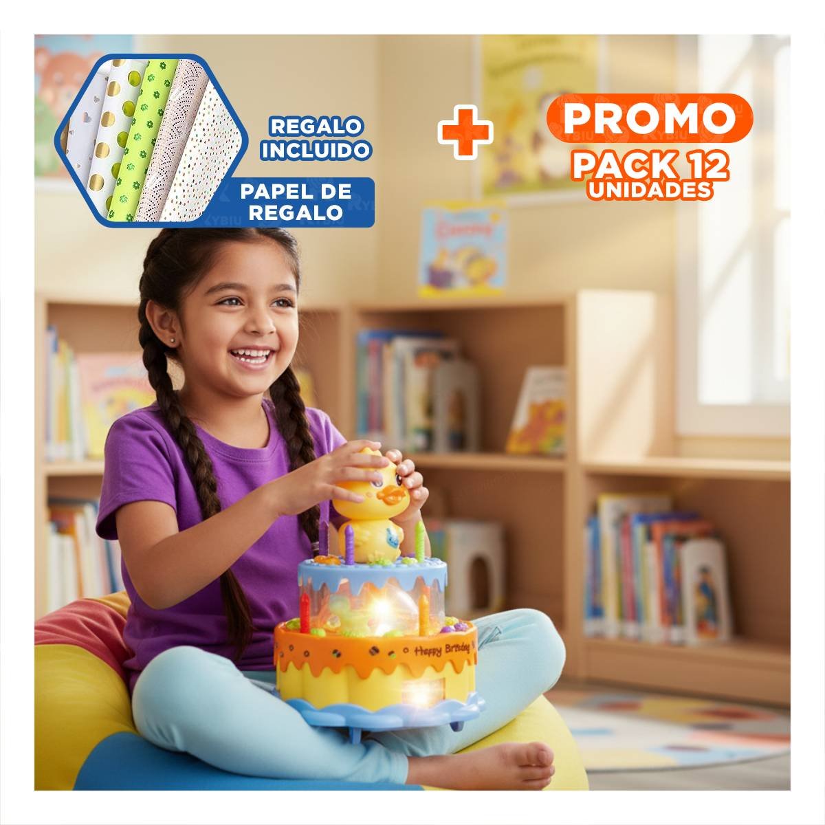 PACK12 FIGURA COLOR AMARILLO MUSICAL GIRATORIA DE PATO PARA JUEGO INFANTIL YPAPEL REGALO - 1