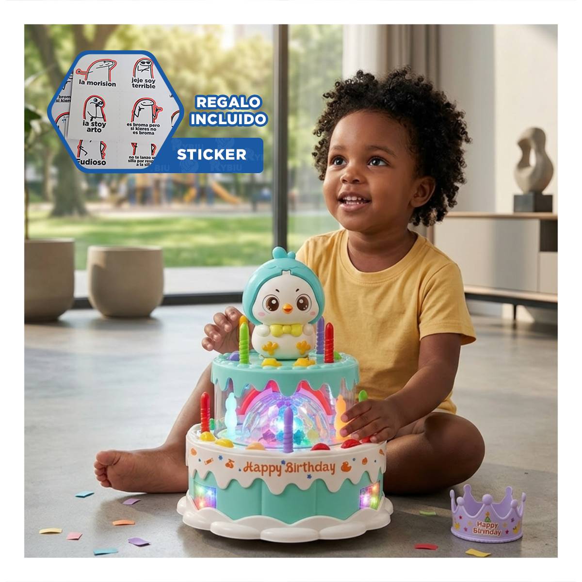TORTA DE POLLO CON GIRO MUSICAL COLOR VERDE AGUA PARA JUEGO INFANTIL YREGALO STICKER - 1