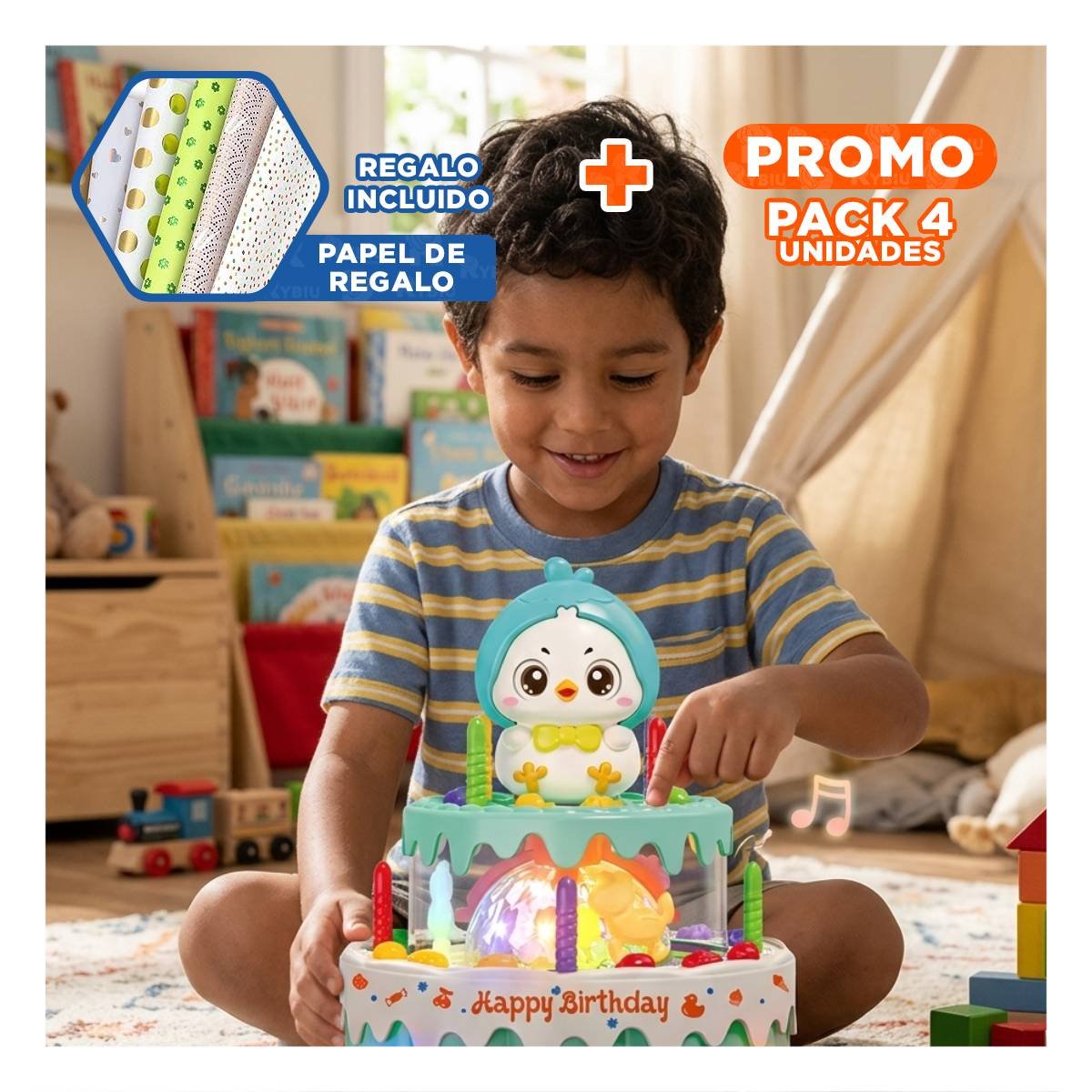 PACK4 PASTEL DE POLLO COLOR VERDE AGUA MUSICAL GIRATORIO PARA JUEGO CREATIVO YPAPEL REGALO - 1