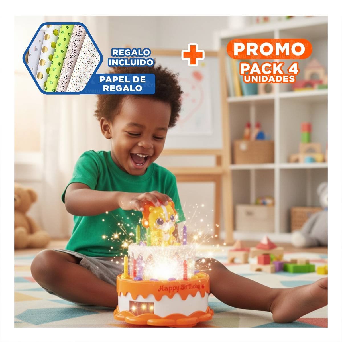 PACK4 PASTEL DE LEON COLOR NARANJA MUSICAL GIRATORIO PARA JUEGO CREATIVO YPAPEL REGALO - 1