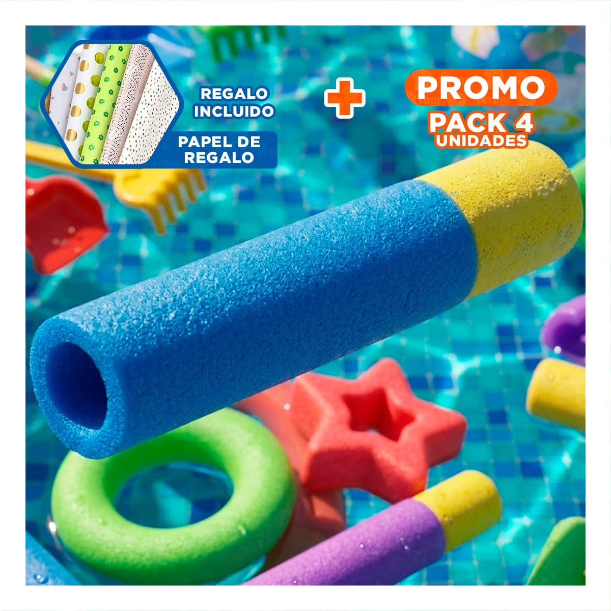 PACK4 LANZADOR DE AGUA RECREATIVO EN COLOR AZUL Y AMARILLO DE 30X4CM CON ESPUMA YPAPEL REGALO - 1