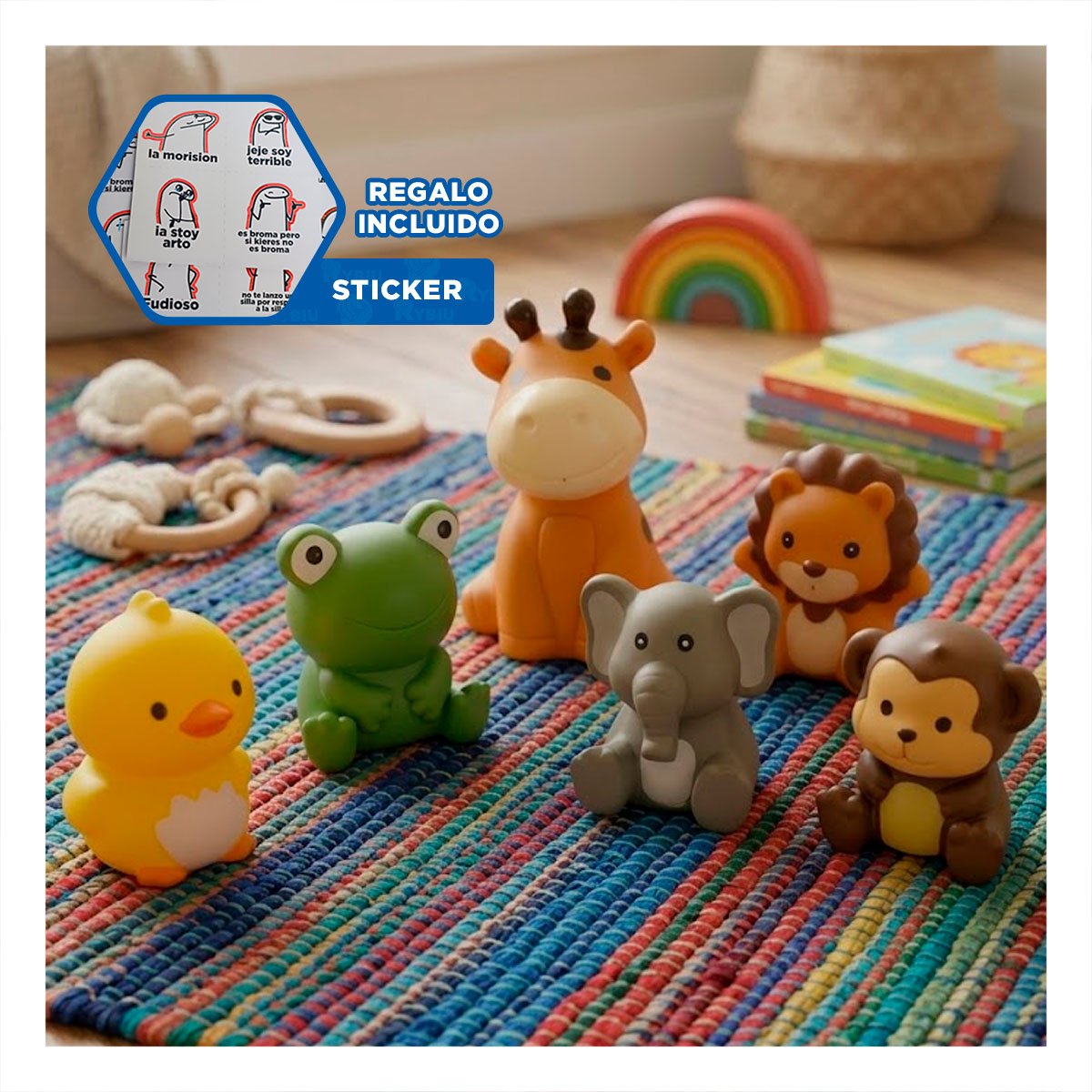 COLECCION RANA JIRAFA LEON MONO ELEFANTE POLLO MULTICOLOR EN 6 ANIMALES 7CM YREGALO STICKER - 1