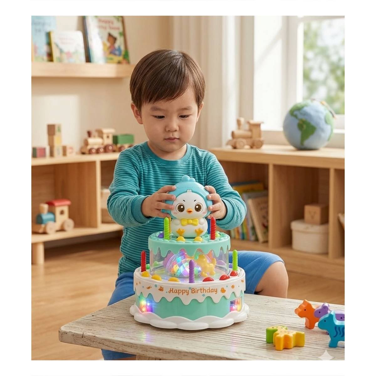 PACK2 PASTEL DECORATIVO MUSICAL DE POLLO COLOR VERDE AGUA CON GIRO INFANTIL YREGALO STICKER - 5