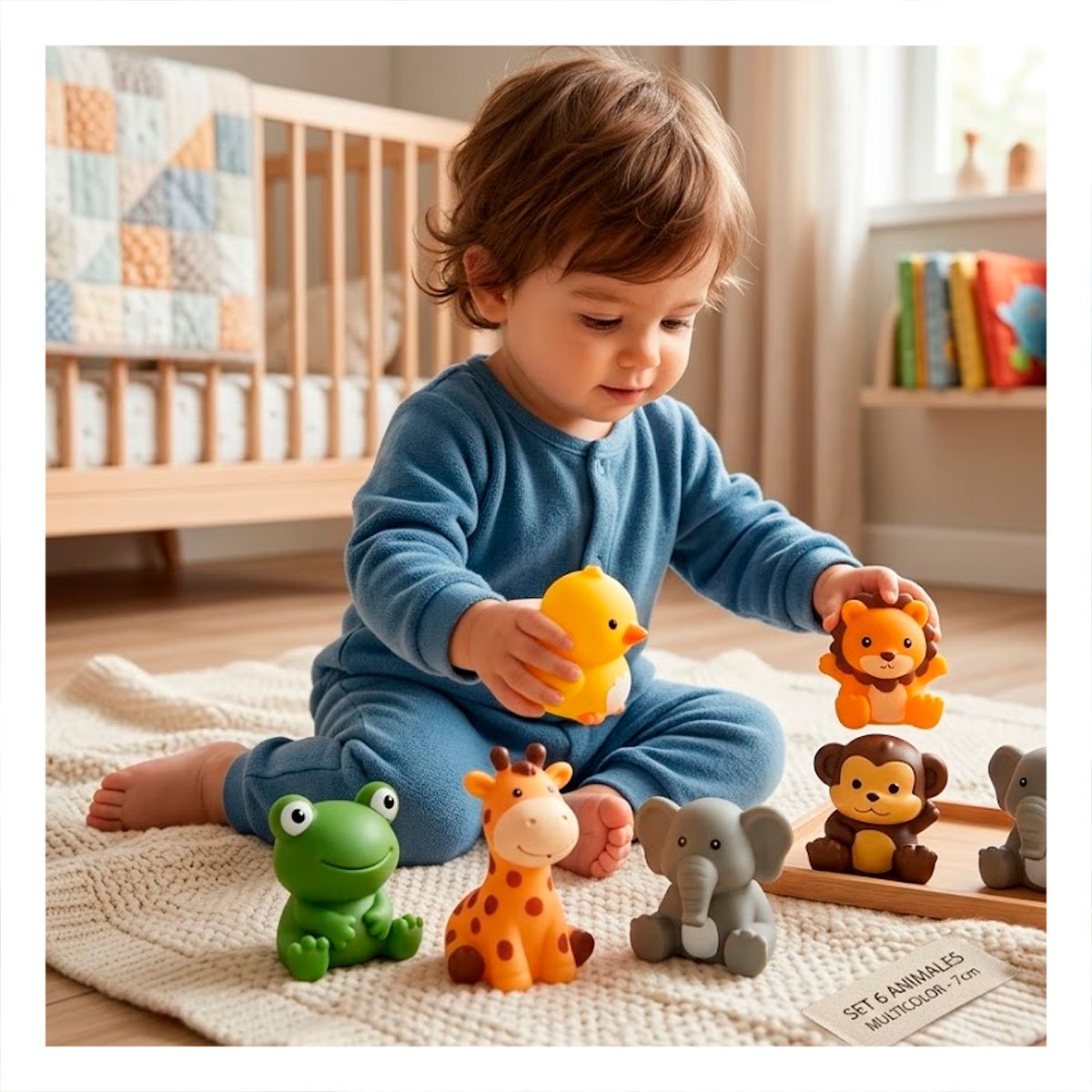 COLECCION 6 ANIMALES RANA JIRAFA LEON MONO ELEFANTE POLLO MULTICOLOR DIMENSIONES 7CM - 2