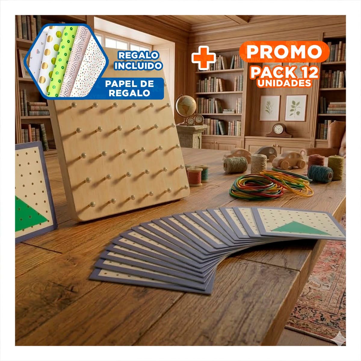 PACK12 TABLA RECREATIVA DE CLAVOS Y LIGAS PARA JUEGO INFANTIL COLOR MULTICOLOR YPAPEL REGALO - 1
