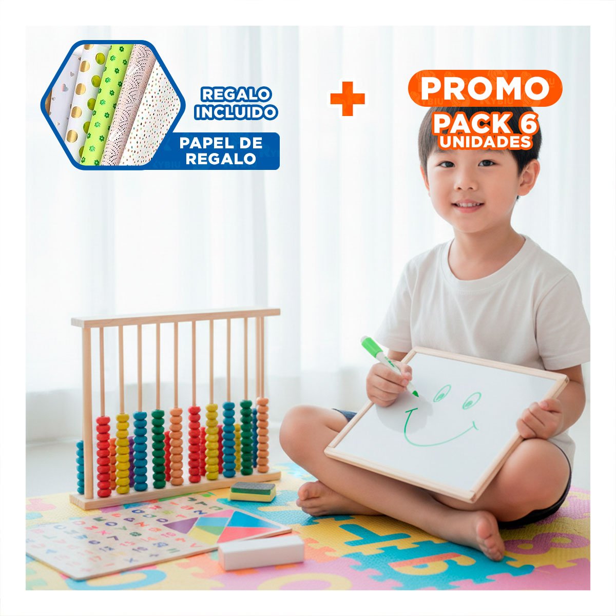 PACK6 JUEGO DIDACTICO 2 EN 1 CON ABACO Y PIZARRA COLOR MULTICOLOR INFANTIL YPAPEL REGALO - 1