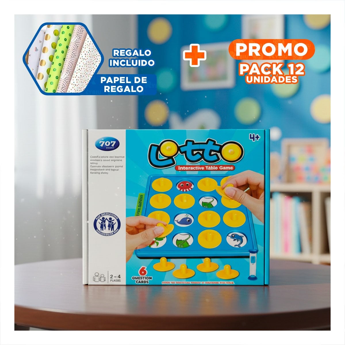 PACK12 TABLERO DIDACTICO DE MEMORIA LOTTO DE PLASTICO COLOR AZUL INFANTIL YPAPEL REGALO - 1