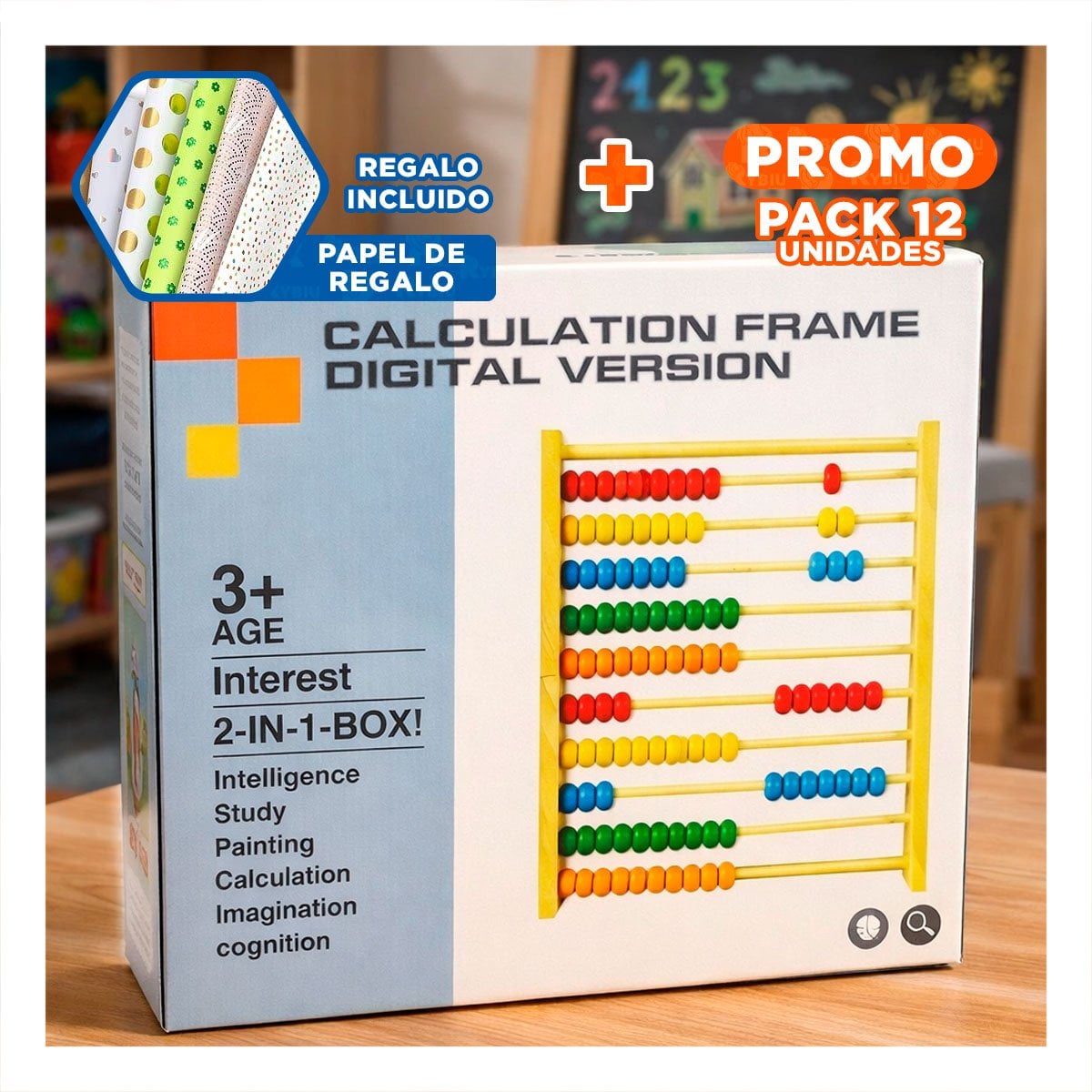 PACK12 JUEGO DE ABACO Y PIZARRA 2 EN 1 COLOR MULTICOLOR ACTIVIDAD INFANTIL YPAPEL REGALO - 1