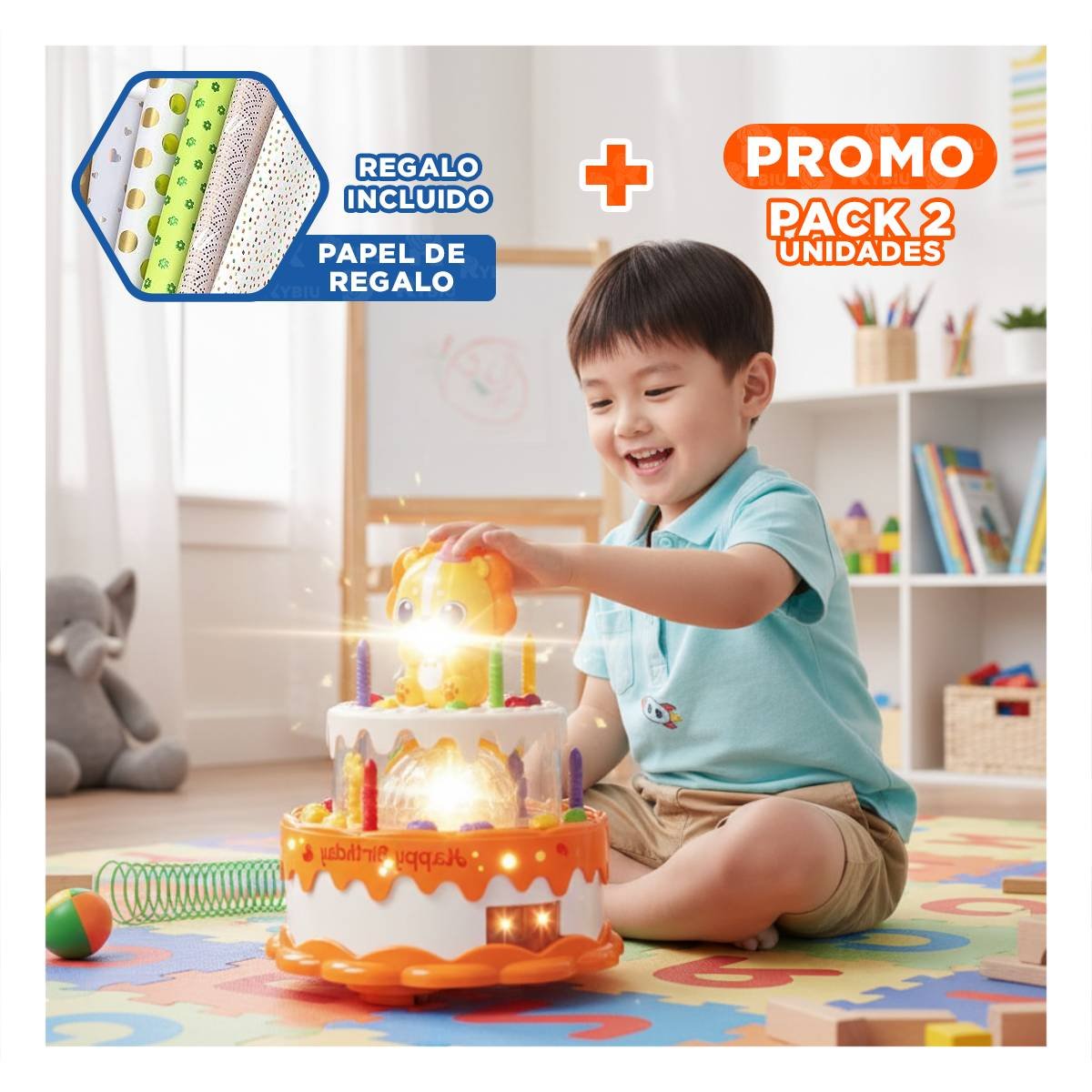PACK2 PASTEL DE JUEGO MUSICAL GIRATORIO LEON COLOR NARANJA PARA USO INFANTIL YPAPEL REGALO - 1