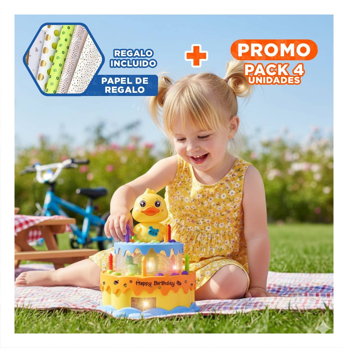 PACK4 PASTEL DE PATO COLOR AMARILLO MUSICAL GIRATORIO PARA JUEGO CREATIVO YPAPEL REGALO - 1