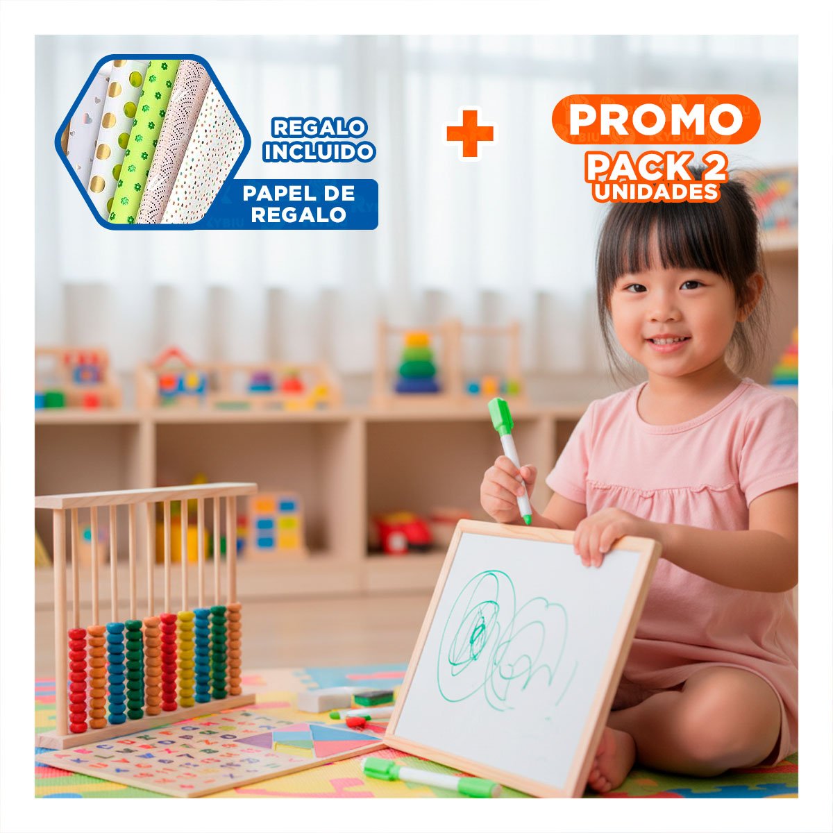 PACK2 TABLERO 2 EN 1 CON PIZARRA Y ABACO COLOR MULTICOLOR APRENDIZAJE VISUAL YPAPEL REGALO - 1