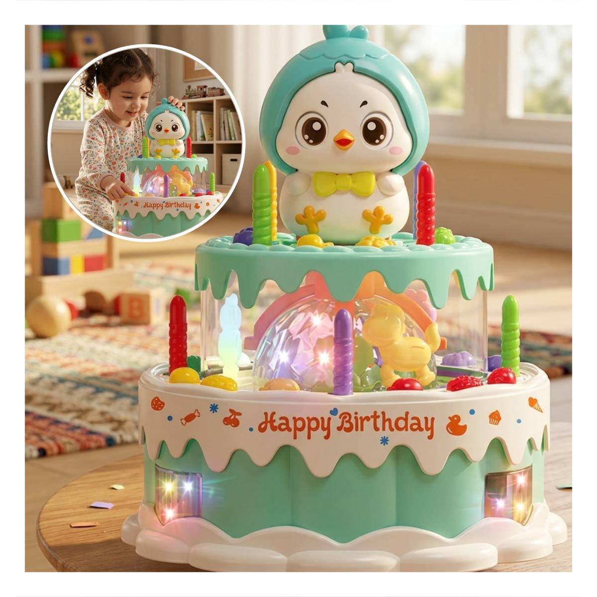 TORTA DE POLLO GIRATORIA COLOR VERDE AGUA CON SONIDO MUSICAL INFANTIL YSTICKY - 2