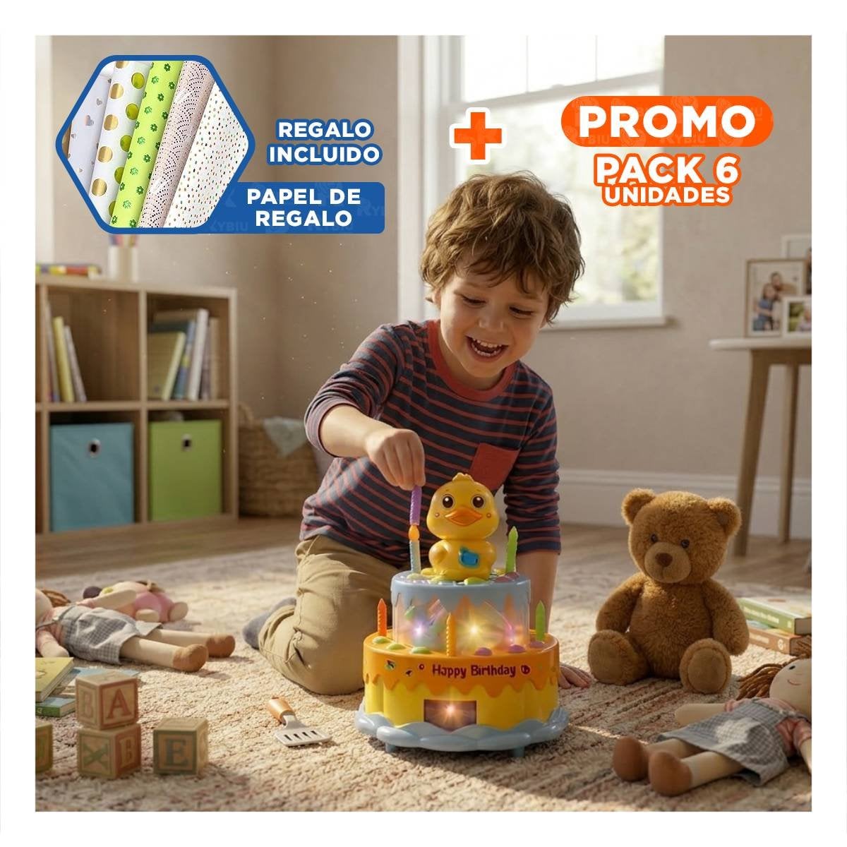 PACK6 ADORNO RECREATIVO DE PATO MUSICAL GIRATORIO COLOR AMARILLO INFANTIL YPAPEL REGALO - 1