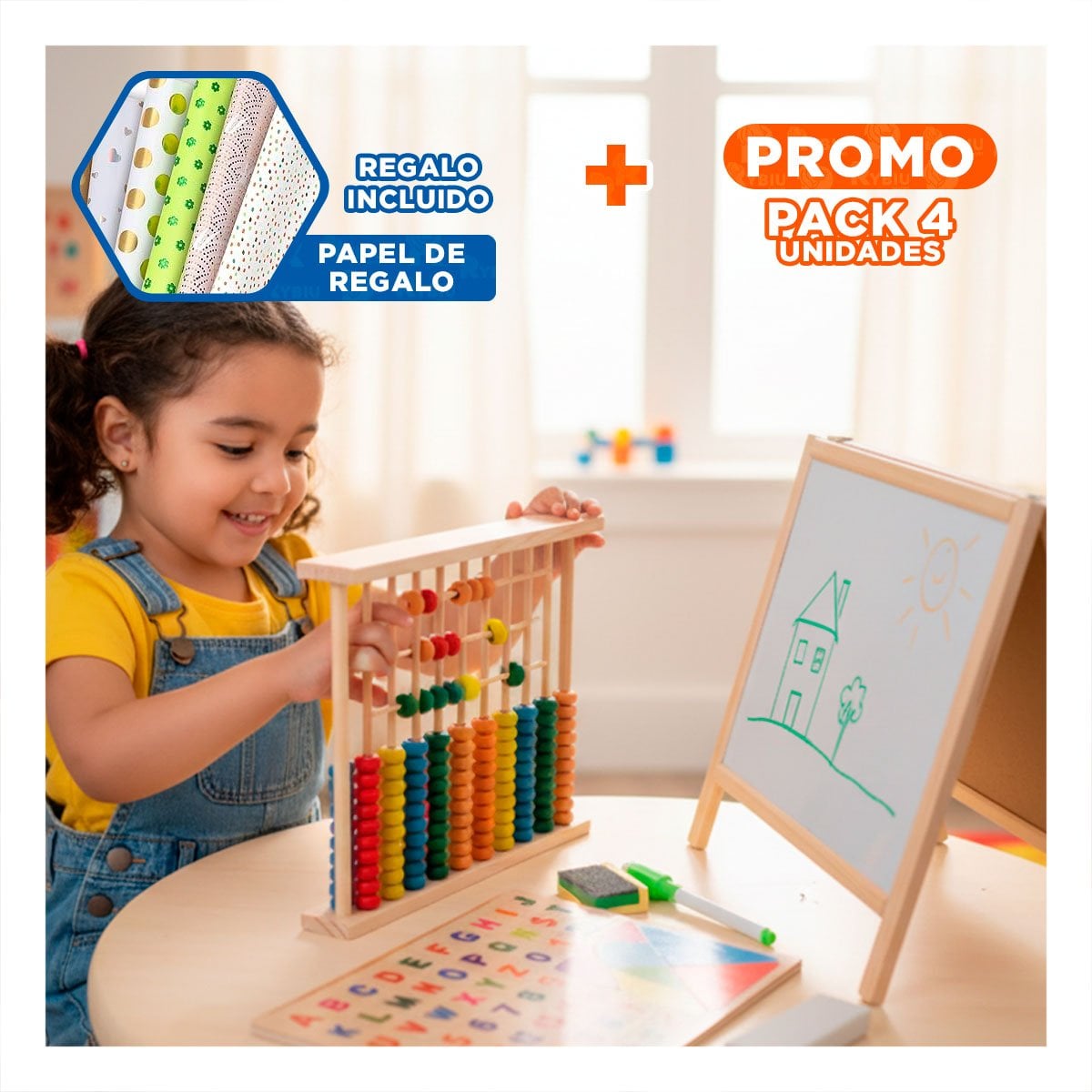 PACK4 TABLERO EDUCATIVO 2 EN 1 DE ABACO Y PIZARRA COLOR MULTICOLOR INFANTIL YPAPEL REGALO - 1