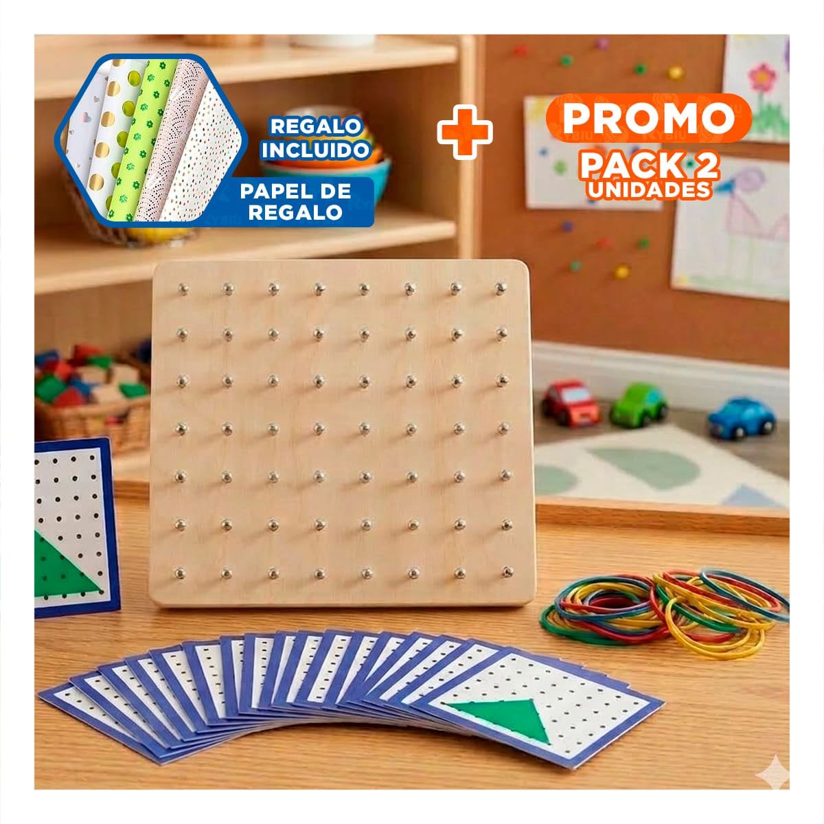 PACK2 TABLA DIDACTICA DE CLAVOS Y LIGAS COLOR MULTICOLOR PARA USO INFANTIL YPAPEL REGALO - 1