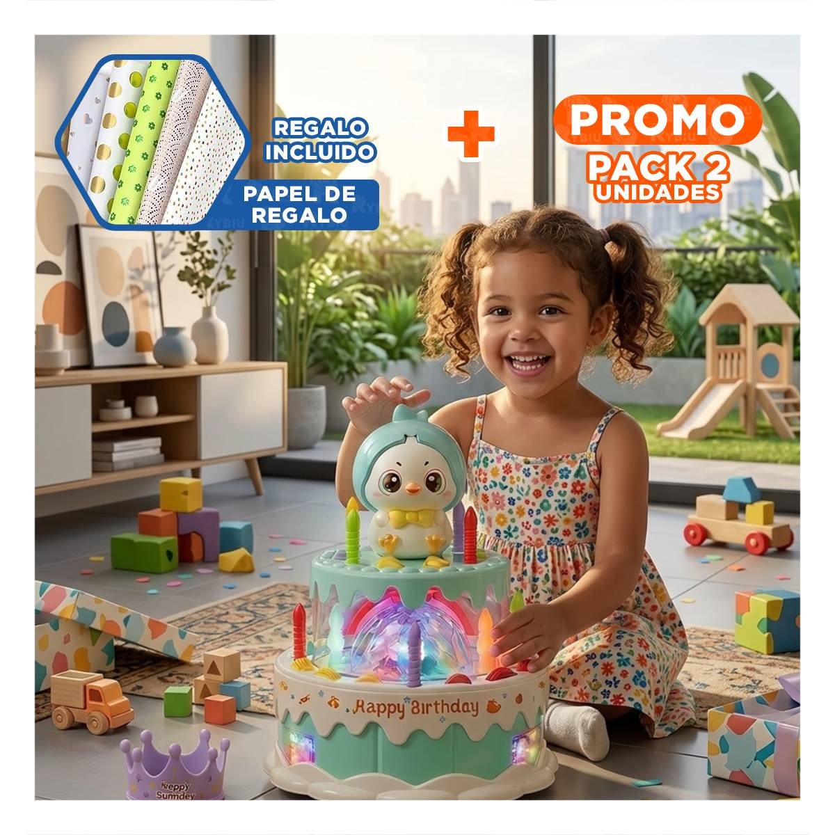 PACK2 PASTEL DE JUEGO MUSICAL GIRATORIO POLLO COLOR VERDE AGUA PARA USO INFANTIL YPAPEL REGALO - 1