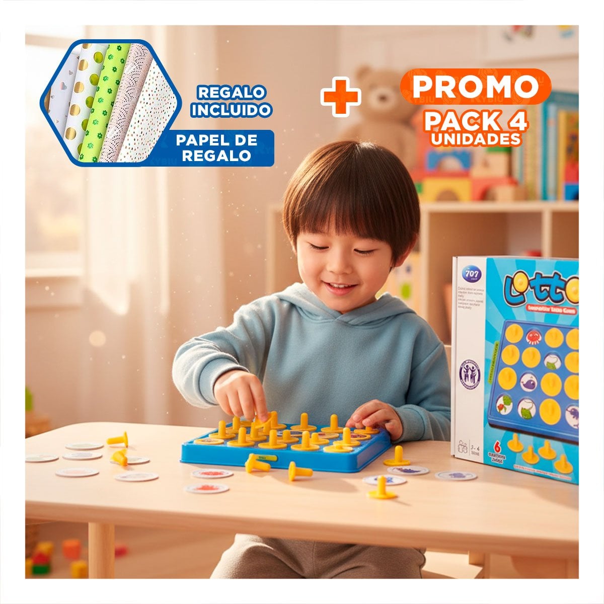 PACK4 JUEGO LOTTO DE PLASTICO DE MEMORIA COLOR AZUL PARA ACTIVIDAD INFANTIL YPAPEL REGALO - 1