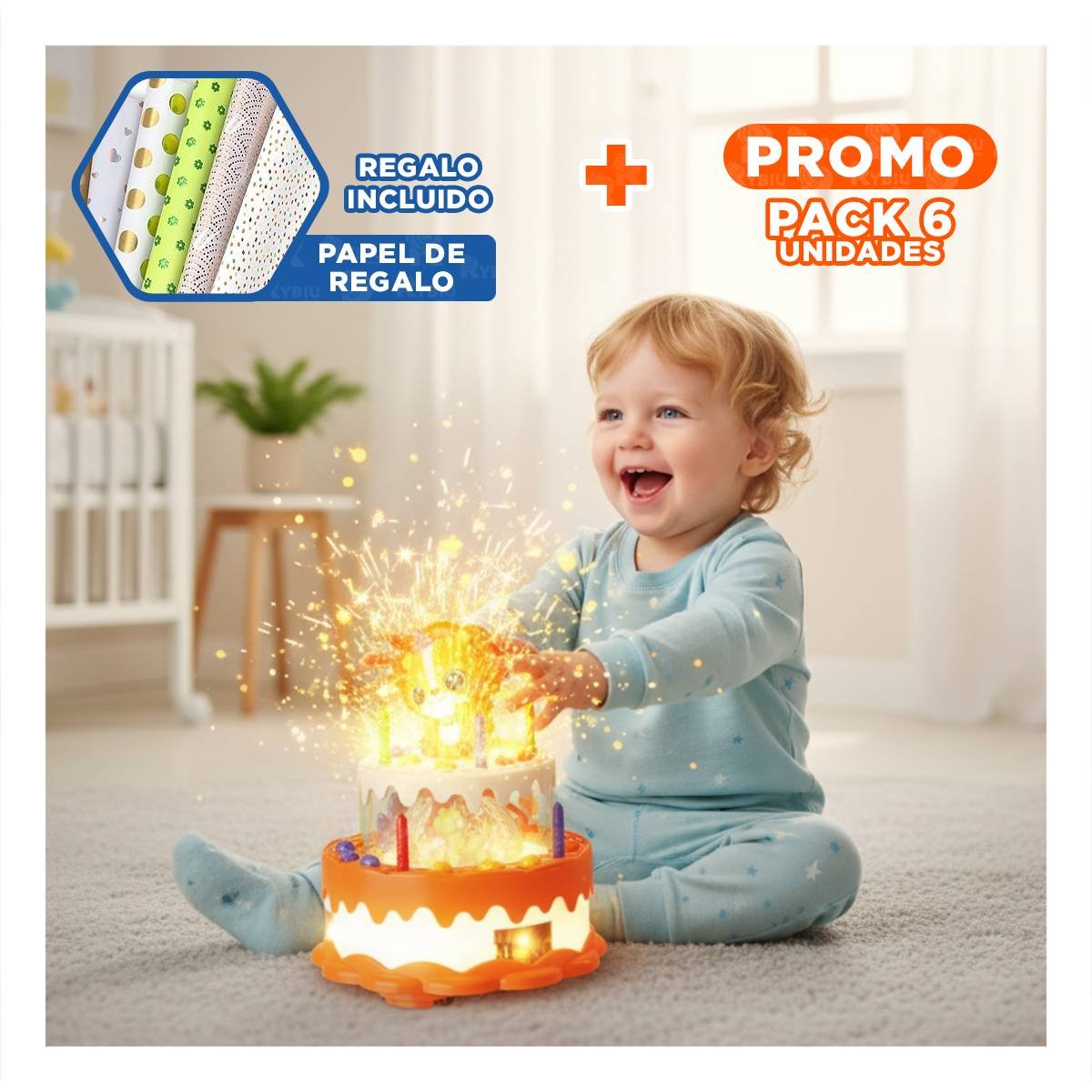 PACK6 ADORNO RECREATIVO DE LEON MUSICAL GIRATORIO COLOR NARANJA INFANTIL YPAPEL REGALO - 1