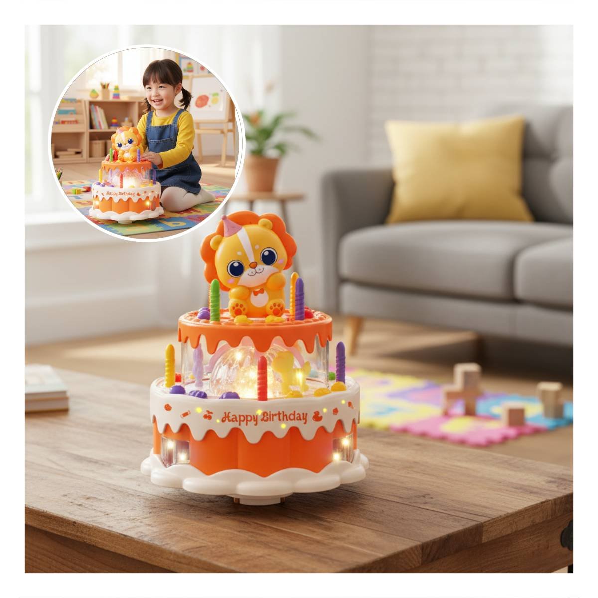 PACK6 ADORNO RECREATIVO DE LEON MUSICAL GIRATORIO COLOR NARANJA INFANTIL YPAPEL REGALO - 2