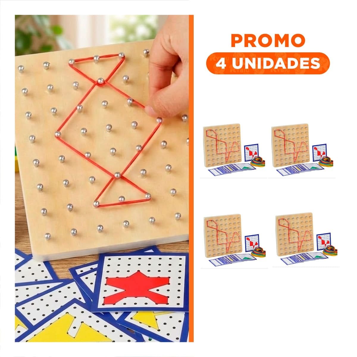 PACK4 TABLERO DE LIGAS Y CLAVOS COLOR MULTICOLOR PARA JUEGO DIDACTICO MANUAL YREGALO STICKER - 1