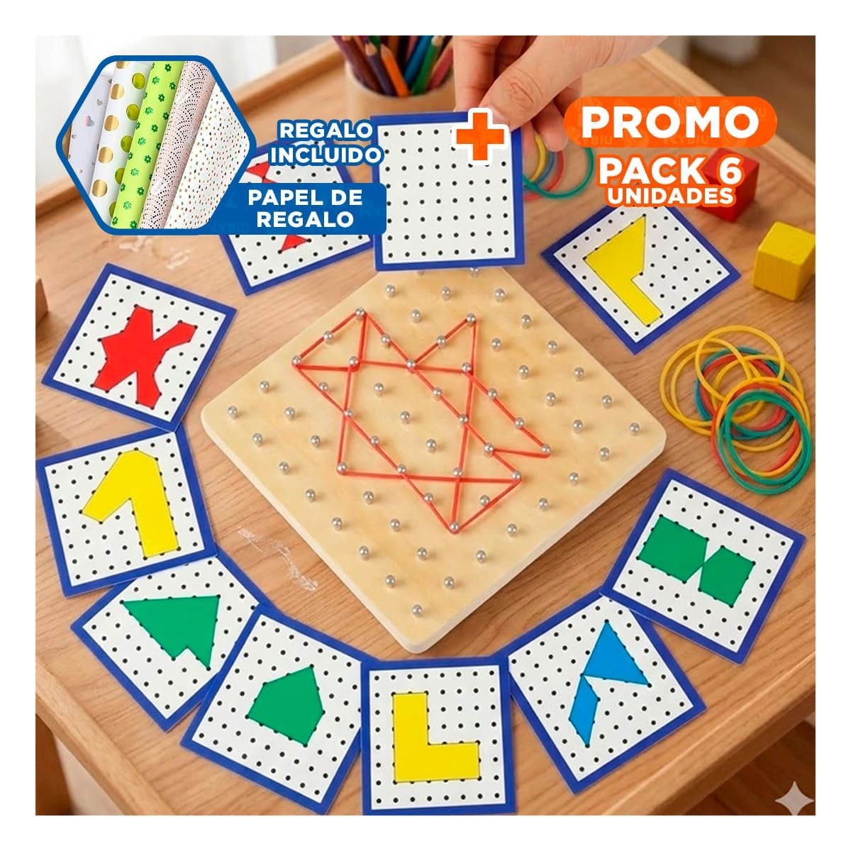 PACK6 BASE DE CLAVOS Y LIGAS COLOR MULTICOLOR PARA JUEGO CREATIVO INFANTIL YPAPEL REGALO - 1