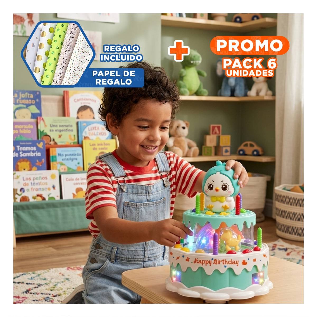 PACK6 ADORNO RECREATIVO DE POLLO MUSICAL GIRATORIO COLOR VERDE AGUA INFANTIL YPAPEL REGALO - 1