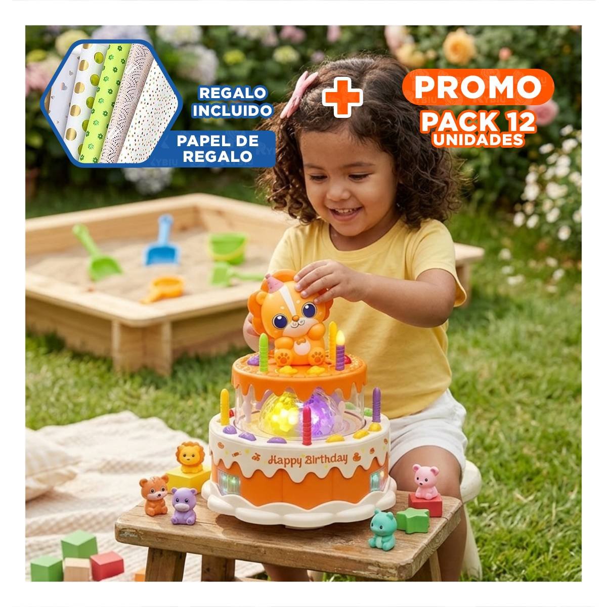 PACK12 FIGURA COLOR NARANJA MUSICAL GIRATORIA DE LEON PARA JUEGO INFANTIL YPAPEL REGALO - 1