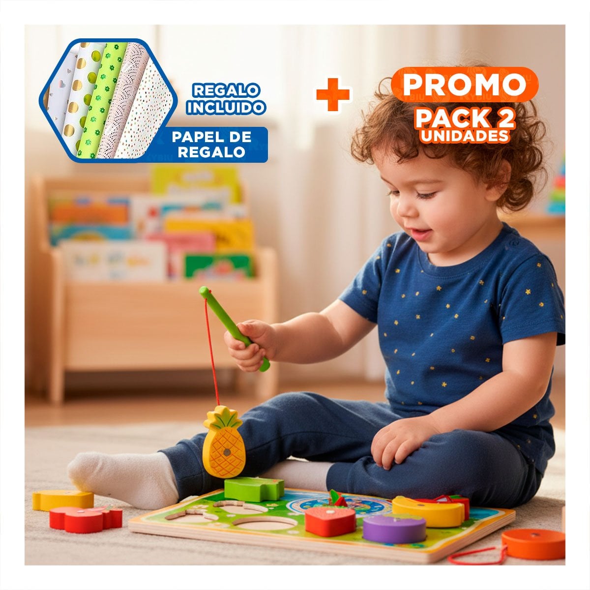 PACK2 TABLERO 4 EN 1 DE FRUTAS MULTICOLOR CON PESCA RELOJ ROMPECABEZA Y DIBUJO YPAPEL REGALO - 1