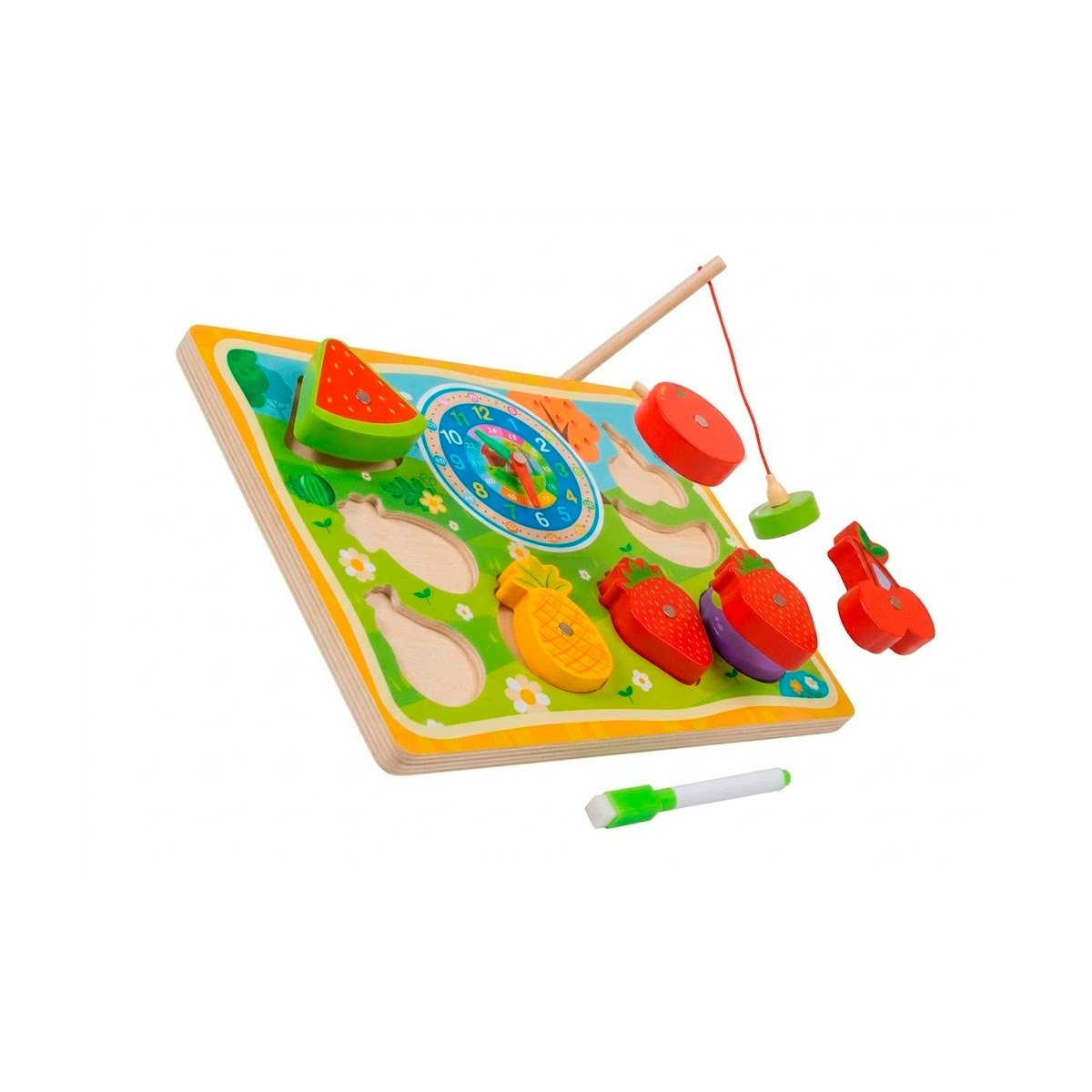 PANEL DIDACTICO DE FRUTAS CON ROMPECABEZA DIBUJO PESCA Y RELOJ MULTICOLOR YREGALO STICKER - 3