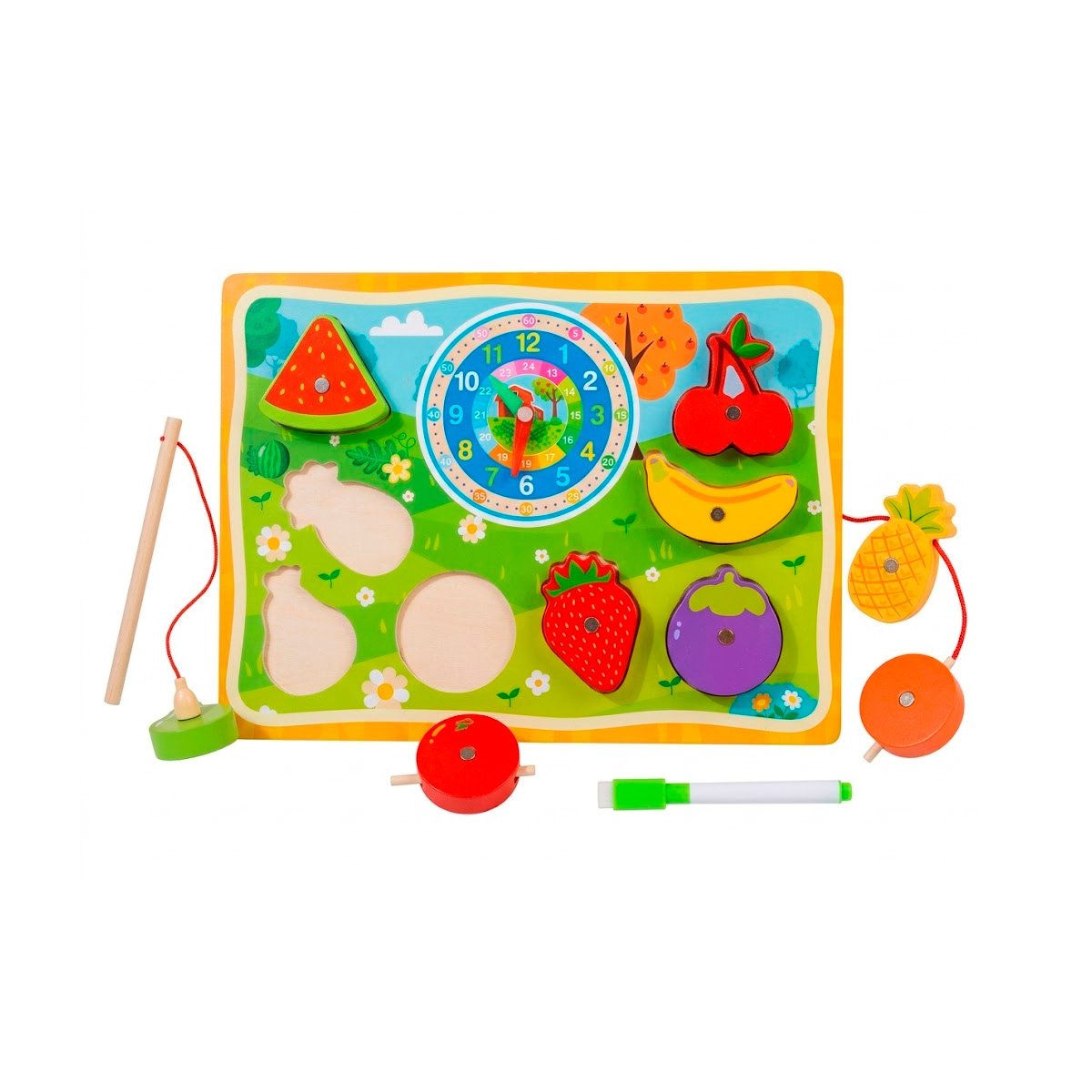 PACK2 TABLERO DIDACTICO MULTICOLOR DE FRUTAS CON PESCA RELOJ Y DIBUJO 4 EN 1 YREGALO STICKER - 2