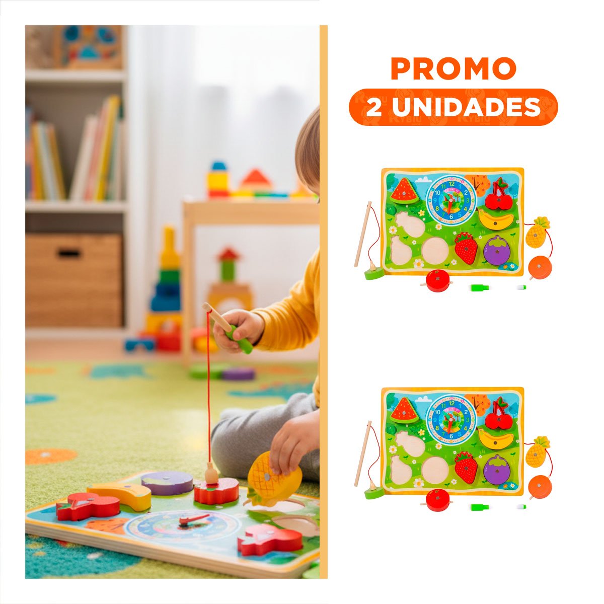PACK2 TABLERO DIDACTICO CON FRUTAS 4 EN 1 MULTICOLOR PESCA RELOJ ROMPECABEZA Y DIBUJO - 1