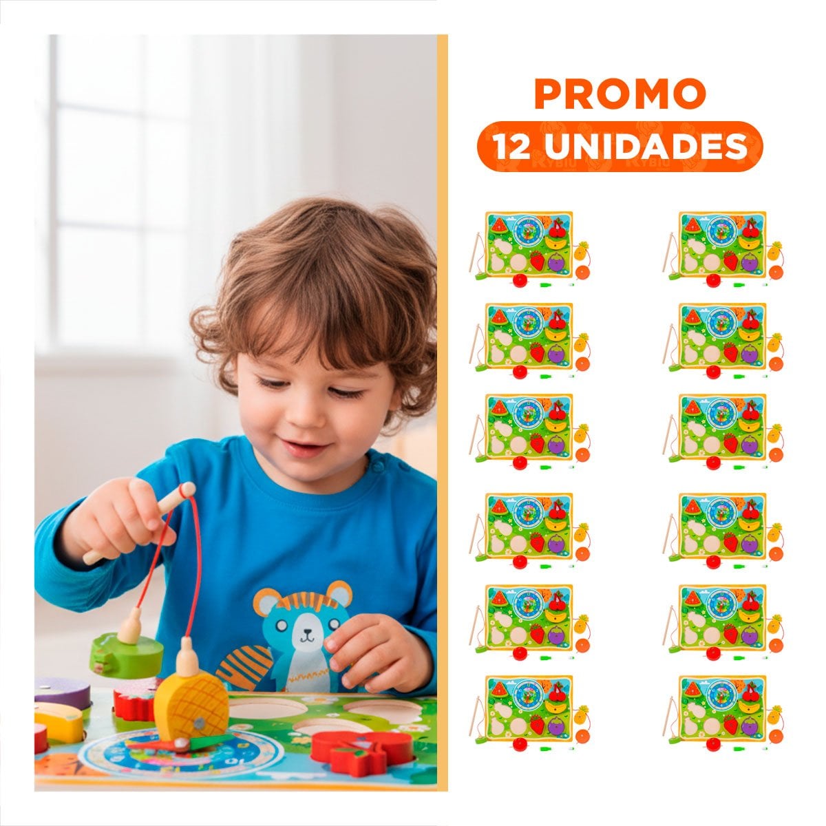 PACK12 JUEGO DE FRUTAS MULTICOLOR 4 EN 1 DIDACTICO CON PESCA RELOJ Y DIBUJO YREGALO STICKER - 1