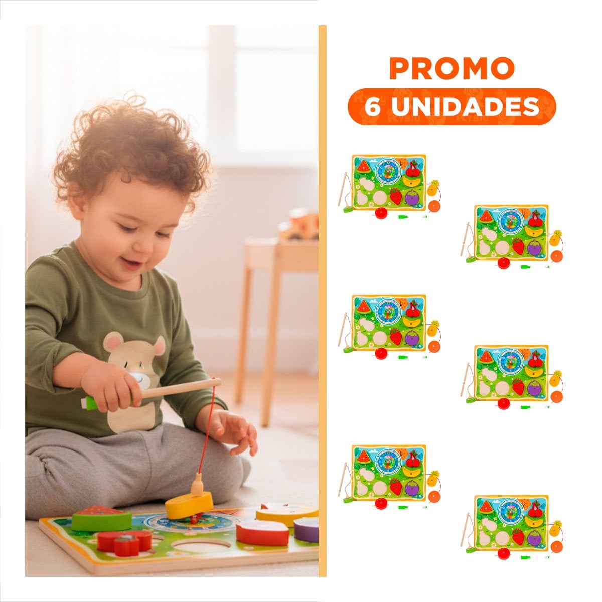 PACK6 BASE FRUTAS MULTICOLOR DIDACTICA CON PESCA DIBUJO RELOJ Y ROMPECABEZA 4 EN 1 - 1