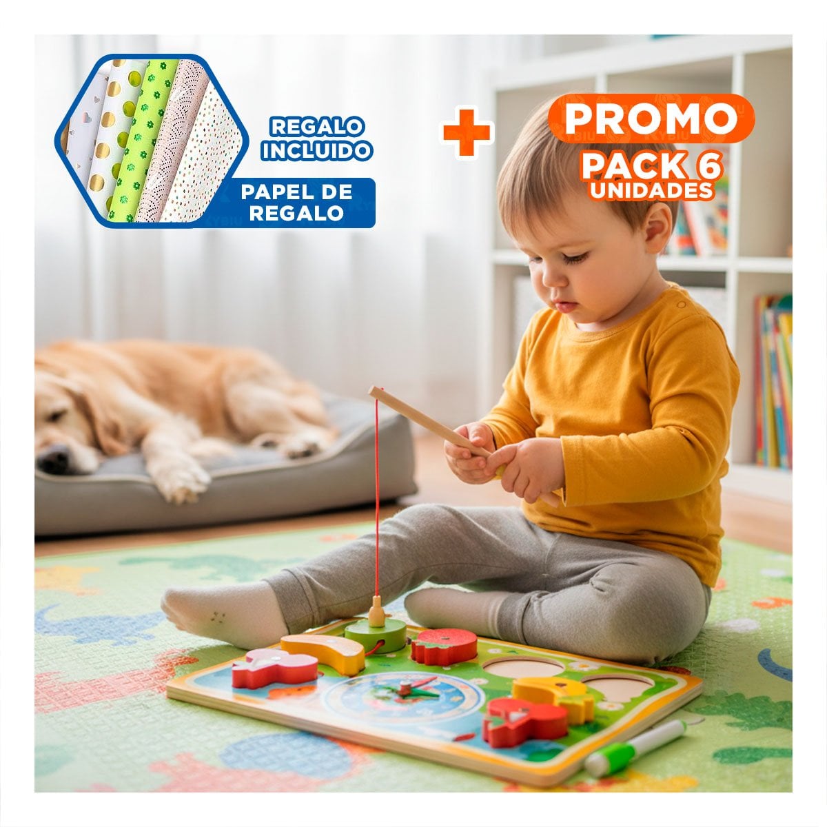 PACK6 JUEGO DIDACTICO 4 EN 1 CON PESCA RELOJ ROMPECABEZA FRUTAS MULTICOLOR YPAPEL REGALO - 1